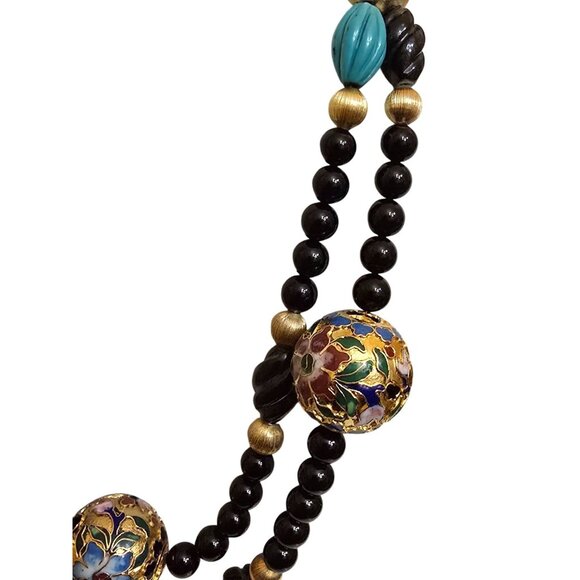 Vintage Signed Glass And Cloisonne Beautiful Double Strand Necklace (A9425) - Picture 3 of 5